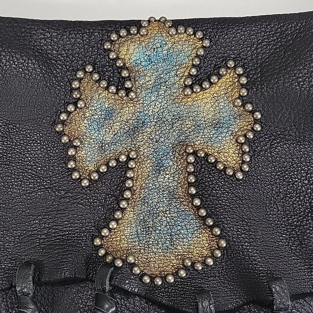 Patricia Wolf Black Studded Leather Crossbody Bag with Turquoise Cross Accent